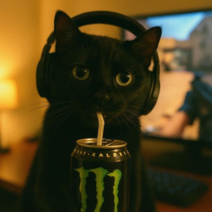 Black cat with headphones drinking Monster